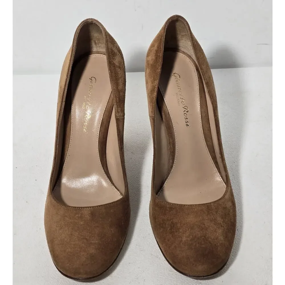 Gianvito Rossi Camel Cognac Suede Heels Pumps 36.5/6.5 Round Toe Block Heel $895